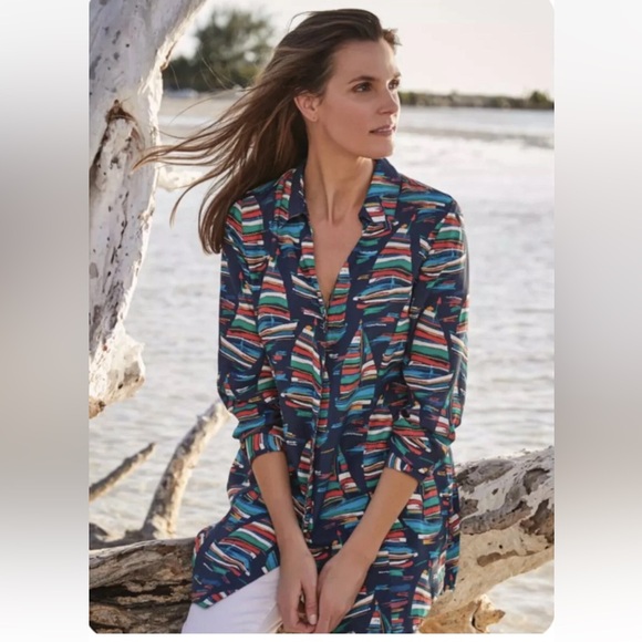 Soft Surroundings Colorful Boats Novelty Print Cupro Nautical Blouse PL - Picture 1 of 5